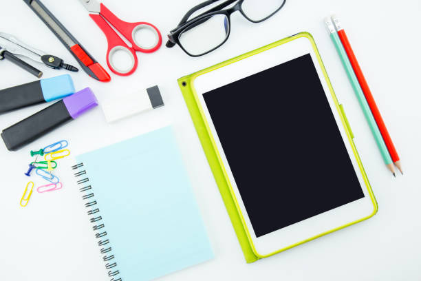 istock school supplies, stationery accessories on white background, Flat lay, top view. 820212776