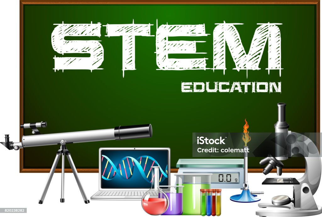 Design de cartaz educação com equipamentos de ciência-tronco - Vetor de STEM - Assunto royalty-free