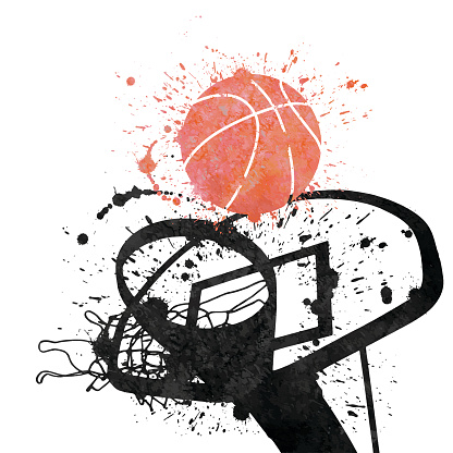 A vector illustration of a basketball hoop and a basketball  in watercolors splats.