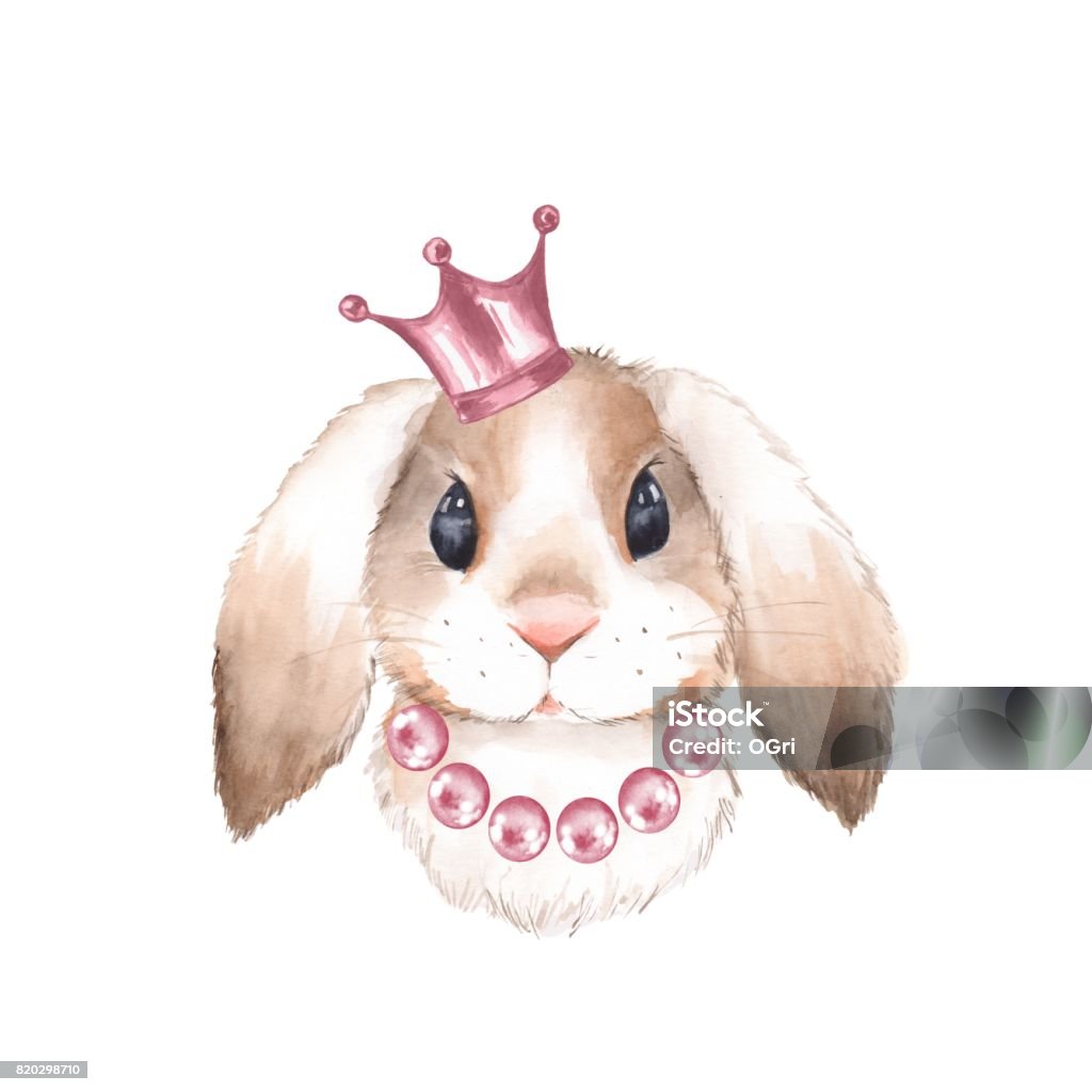 Rabbit and crown Rabbit and crown. Watercolor illustration. Isolated on white background Crown - Headwear stock illustration