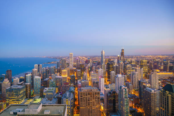 istock Aerial view of Chicago downtown skyline at sunset 820298902