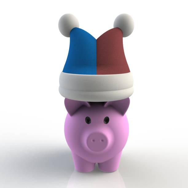 istock Fool hat on pink piggy bank isolated on white background, 3D rendering 820299020