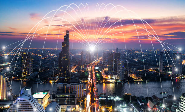 istock Business networking connection concept and Wi-Fi in city.Technology communication.Background blur building in the capital. 820302518