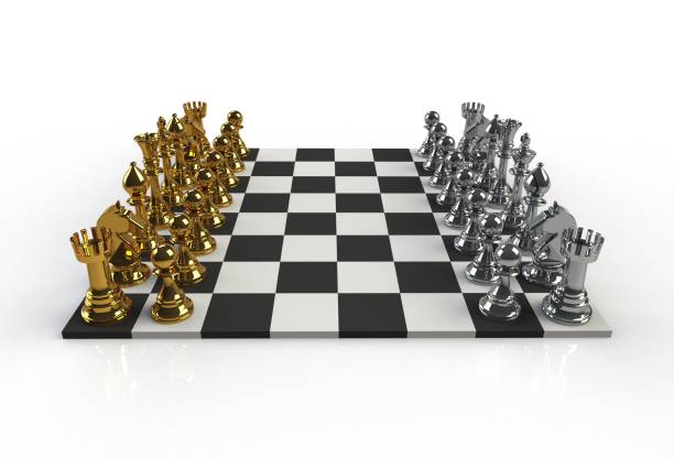istock Beside view of chess figures on the playing board on white background, 3D rendering 820308562