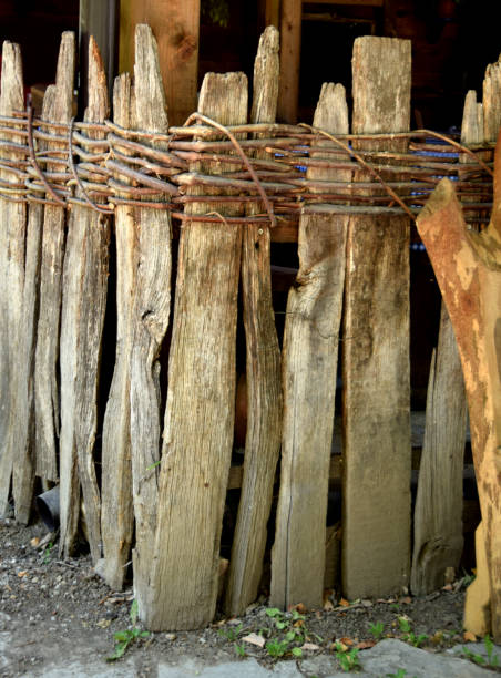istock Old wattle fence, made of planks linked with woven willow branches 820311632