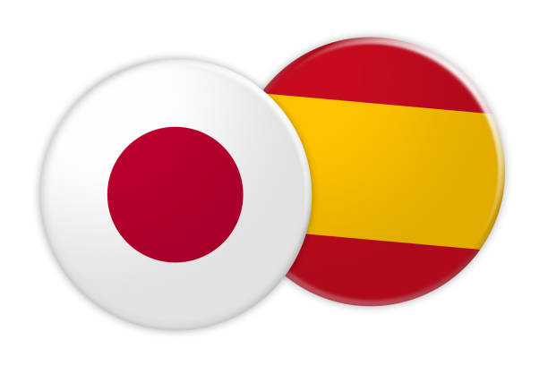 ニュース概念: 日本国旗にスペイン フラグ ボタン、白い背景の 3 d 図 - 日本　スペイン ストックフォトと画像
