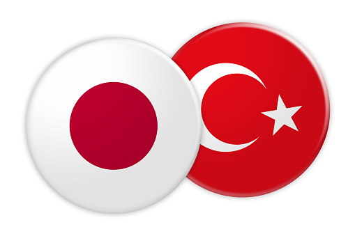 News Concept: Japan Flag Button On Turkey Flag Button, 3d illustration on white background