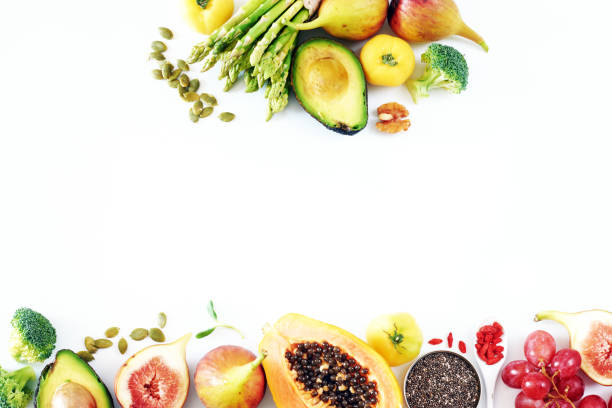 istock Fresh veggies and fruits frame on white background with copy space. 820335148