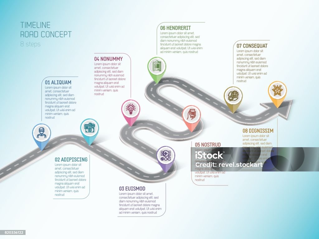 Isometric navigation map infographic 8 steps timeline concept. W Isometric navigation map infographic 8 steps timeline concept. Winding road. Vector illustration. Road Map stock vector