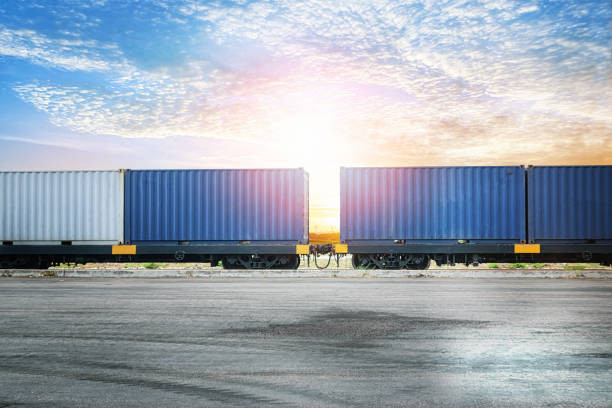 Industrial container yard at sunset sky for logistic import export background