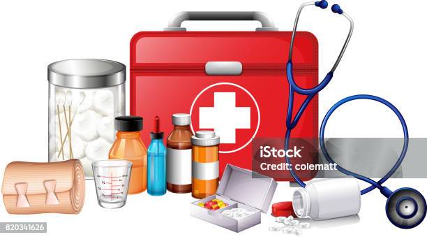 Different Types Of Medical Equipments Stock Illustration - Download Image Now - First Aid, Cotton, First Aid Kit