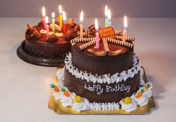 istock chocolate cake with happy birthday light candle 820341658