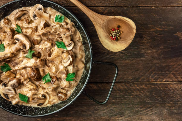 istock Mushroom beef stroganoff in pan with copy space 820346818