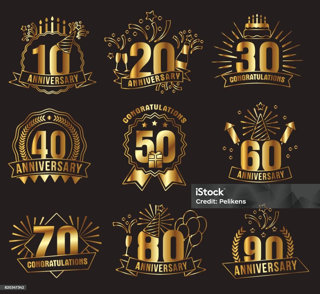 Anniversary golden numbers set Anniversary golden numbers set. Festive compositions and greeting, with firework and stars for poster and card decor. Flat style vector illustration isolated on black background. Gold badges with ribbon Anniversary stock vector