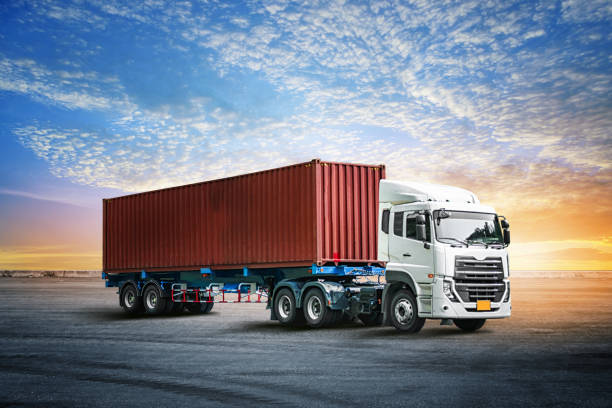 Logistics import export background of container truck at the dock stock photo