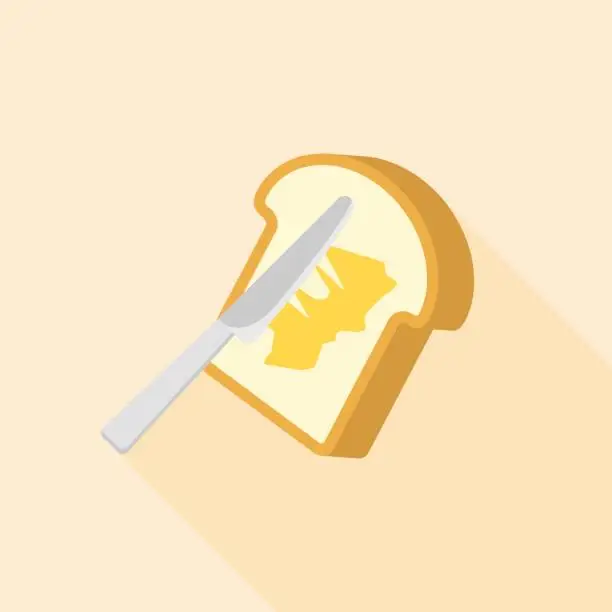 Vector illustration of knife spreading butter or margarine on toast bread icon with long shadow