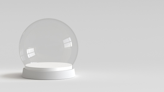 Empty snow glass ball with white tray on white background. 3D rendering.