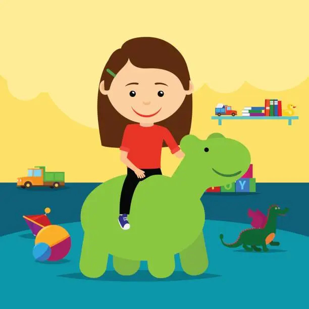 Vector illustration of Girl riding rubber toy in kindergarten