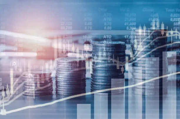 Photo of Double exposure financial indices and stock market in accounting market economy analysis with graph business concept background