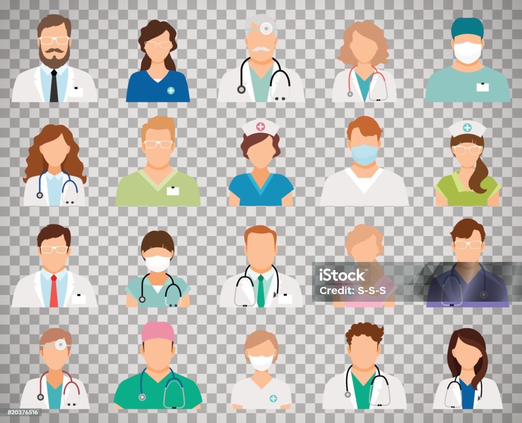 Doctor avatars on transparent background Professional doctor avatars isolated on transparent background. Medicine professionals and medical staff people icons vector illustration Nurse stock vector