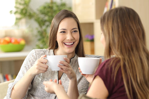 istock Two friends talking and drinking at home 820376570