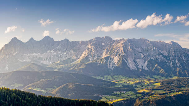 Mount Dachstein Panorama at Schladming - Alps Dachstein Mountains, European Alps, Meadow, Mountain, Mountain Range, Schladming, Reiteralm, dachstein mountains photos stock pictures, royalty-free photos & images