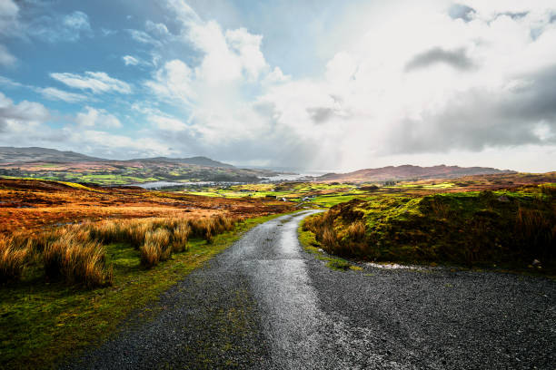 paesaggio irlandese nella contea di donegal con un cielo blu brillante e sole - ireland landscape foto e immagini stock