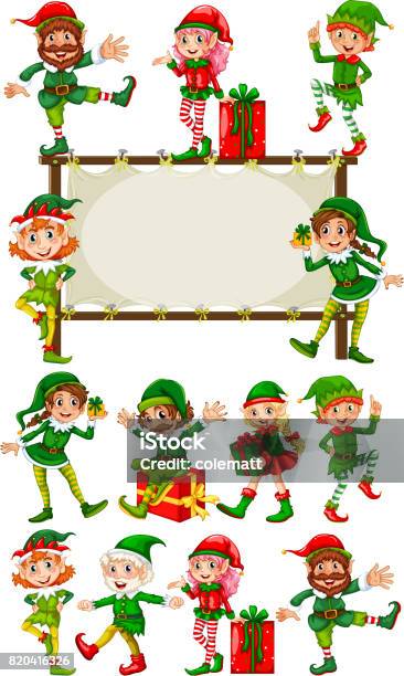 Ilustración de Plantilla De Frontera Con Los Elfos De Navidad y más Vectores Libres de Derechos de Elfo - Elfo, Navidad, Grupo de animales