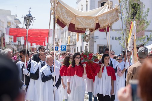 the easter procession Festa das Tochas Flores in the town of Sao Bras de Alportel at the Algarve of Portugal in Europe.