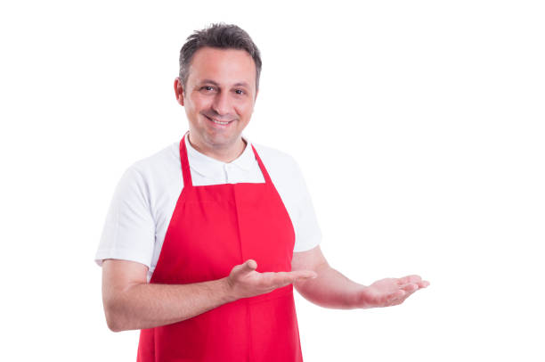 istock Salesman showing open hand palm with copy space 820461000