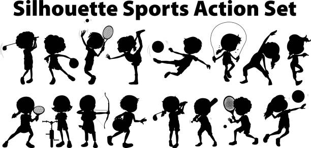 illustrazioni stock, clip art, cartoni animati e icone di tendenza di silhouette azione sportiva impostata su sfondo bianco - child tennis white background sport
