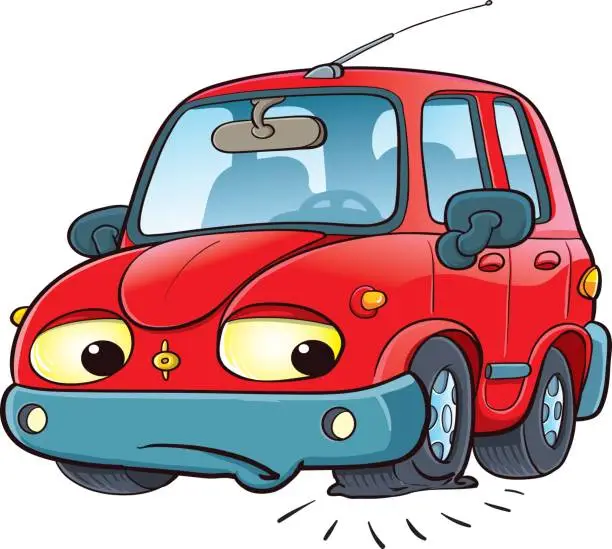 Vector illustration of Cartoon car on the road with a flat tire