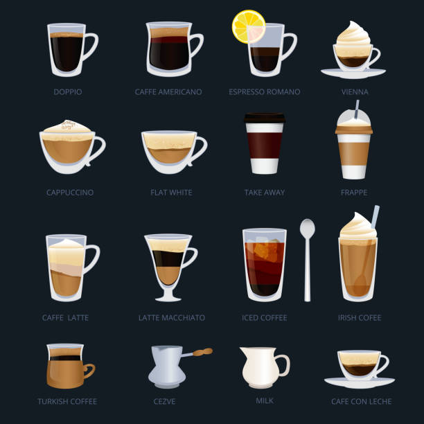 ilustrações de stock, clip art, desenhos animados e ícones de mugs with different type of coffee. espresso, cappuccino, macchiato and others. vector illustrations set in cartoon style - breakfast cup coffee hot drink