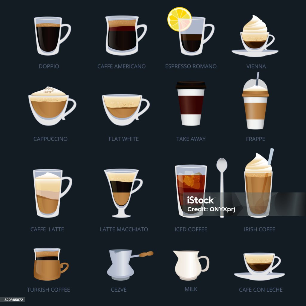 Mugs with different type of coffee. Espresso, cappuccino, macchiato and others. Vector illustrations set in cartoon style Mugs with different type of coffee. Espresso, cappuccino, macchiato and others. Vector illustrations set of coffee hot, espresso and latte in cartoon style Coffee - Drink stock vector