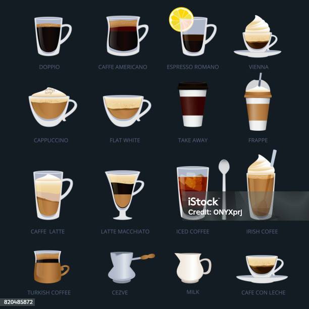 Mugs With Different Type Of Coffee Espresso Cappuccino Macchiato And Others Vector Illustrations Set In Cartoon Style Stock Illustration - Download Image Now