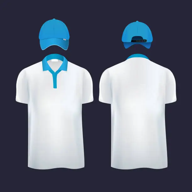 Vector illustration of Baseball caps and casual t shirt polo in different sides. Vector illustrations
