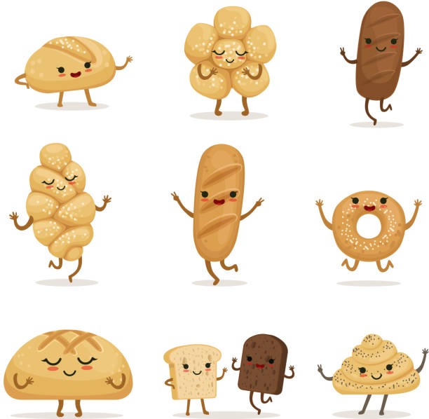 śmieszne jedzenie piekarnicze z różnymi emocjami. postacie wektorowe w stylu kreskówki - bun stock illustrations