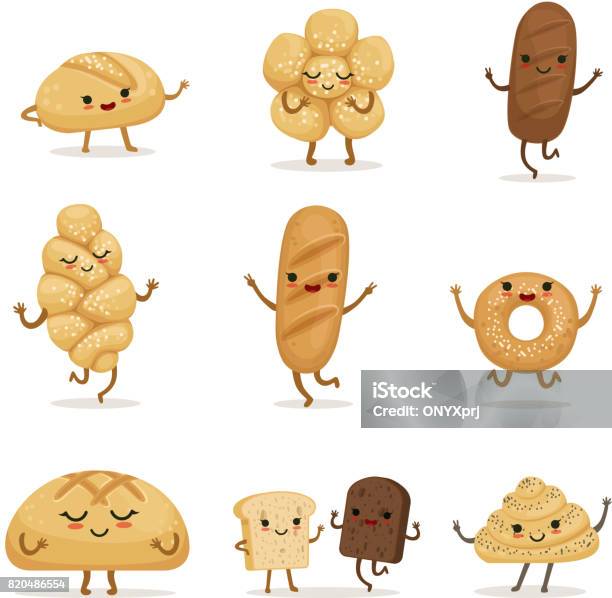 Funny Bakery Food With Different Emotions Vector Characters In Cartoon Style Stock Illustration - Download Image Now