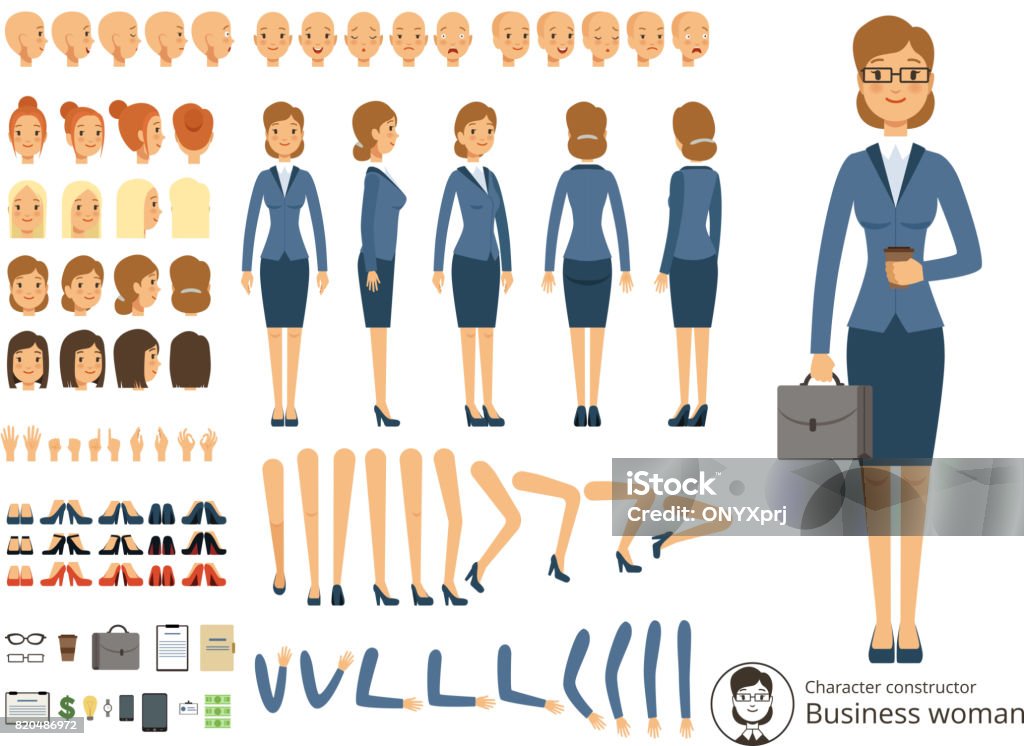 Charakter der Konstruktor des Business-Frau. Cartoon-Vektor-Illustrationen der verschiedenen Körperteile und thematische Elemente - Lizenzfrei Charakterkopf Vektorgrafik