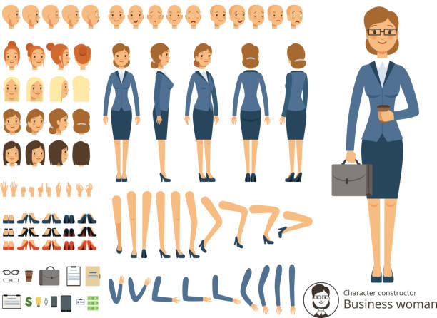 Character constructor of business woman. Cartoon vector illustrations of different body parts and thematic elements Character constructor of business woman. Cartoon vector illustration of different body parts and thematic elements. Person woman constructor, emotion and parts of body animal body stock illustrations
