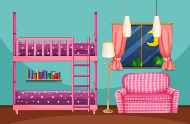 Vector illustration of Bedroom with bunkbed and pink sofa