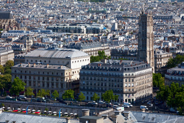 Aerial view of the Tour Saint Jacques Paris, France - July 07 2017: Aerial view of the Tour Saint Jacques with behind, the Paroisse Saint Eustache and before the Théâtre de la Ville and the Préfecture de Police. église saint eustache stock pictures, royalty-free photos & images