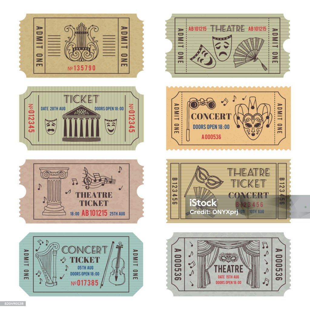 Vintage theatre or cinema tickets with different monochrome symbols of ballet or opera Vintage theatre or cinema tickets with different monochrome symbols of ballet or opera. Vector concert tickets and carnival illustrations set isolate on white Ticket stock vector