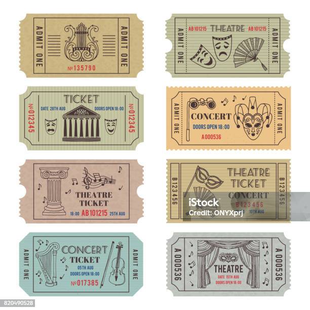 Vintage Theatre Or Cinema Tickets With Different Monochrome Symbols Of Ballet Or Opera Stock Illustration - Download Image Now