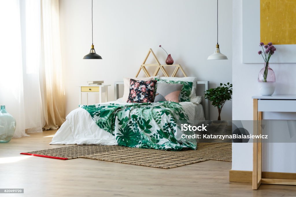 Artistic bedding style Artistic bedding style in comfy, multifunctional bedroom Abstract Stock Photo