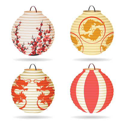 Japanese paper lantern set isolated on white or vector chinese hanging lanterns for happy mid-autumn festival or chinese new year