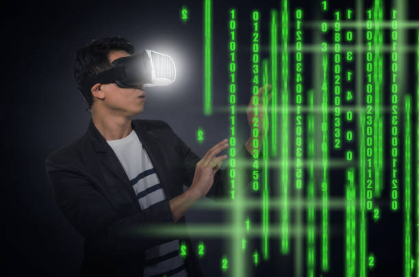 istock Asian Man wearing virtual reality Looking the digital numeric display of security or hacker on dark background, VR technology concept 820547866