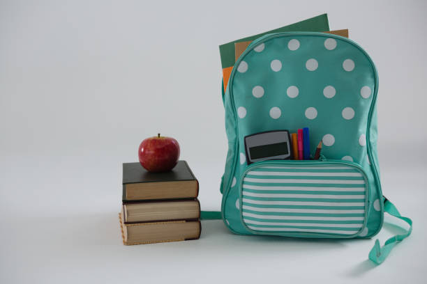 istock Apple, books and schoolbag on white background 820554680
