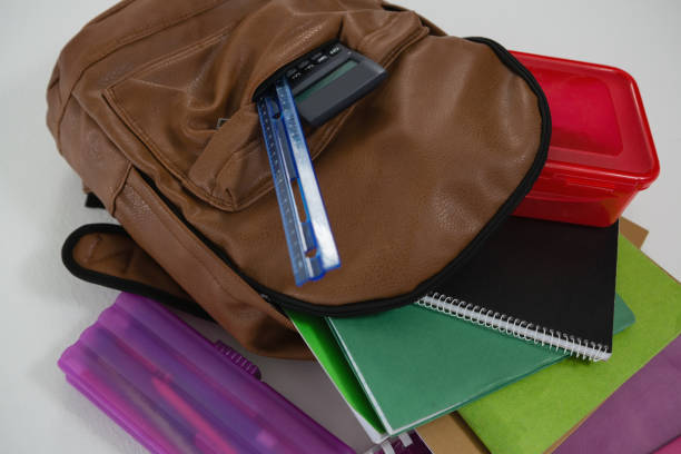 istock Schoolbag with various supplies on white background 820555512