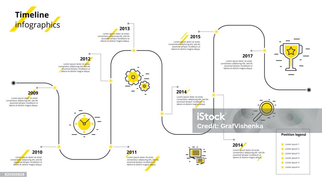 Business Timeline Workflow Infografiken. Corporate Meilensteine Grafikelemente. Firma Folie Präsentationsvorlage mit Jahreszeiträumen. Moderne Vektor Geschichte Zeit-Line-Design. - Lizenzfrei Informationsgrafik Vektorgrafik